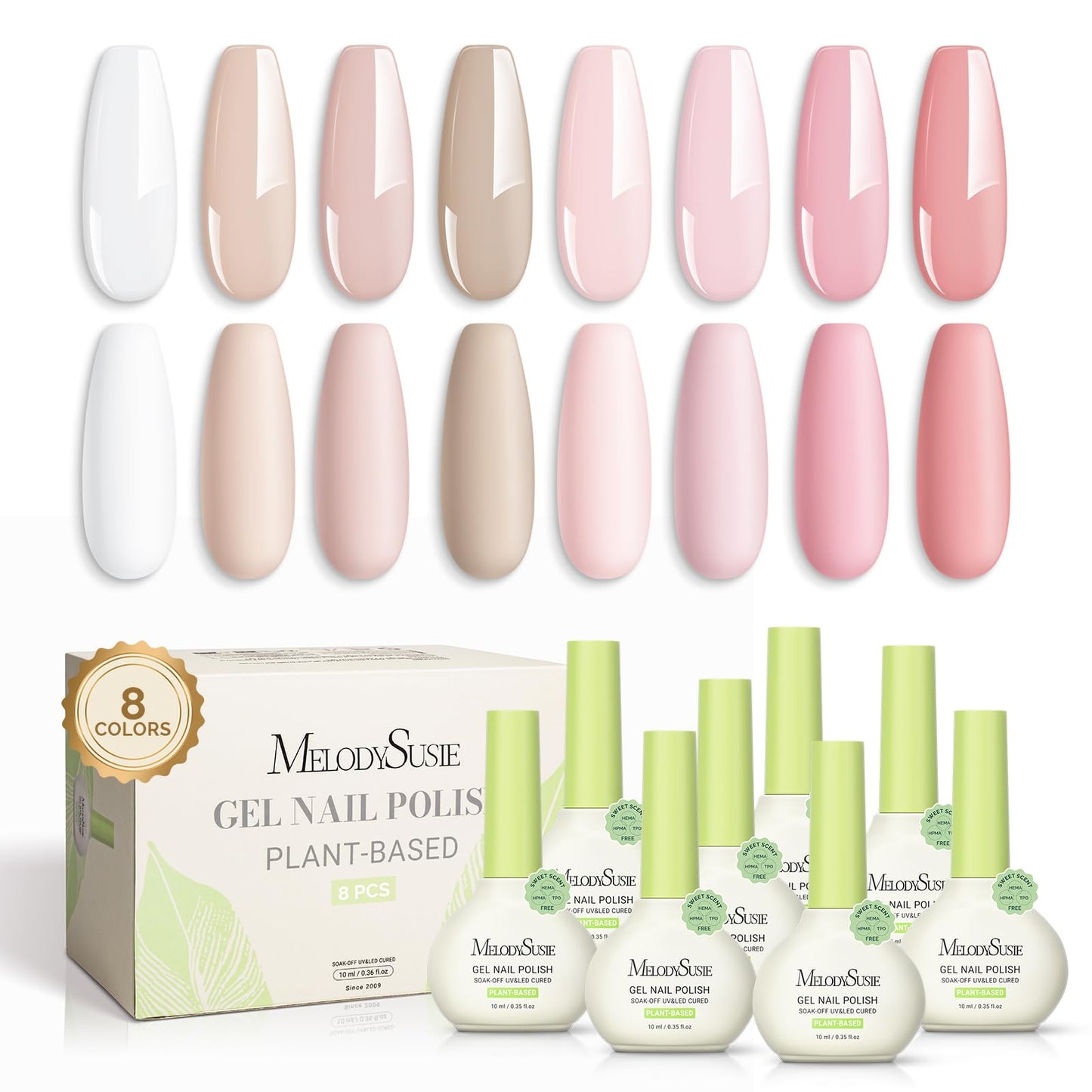 MelodySusie Plant Based Gel Nail Polish Set – Pink & Nude, 8-Piece 10ml, HEMA Free, Soak Off UV/LED, At-Home Manicure