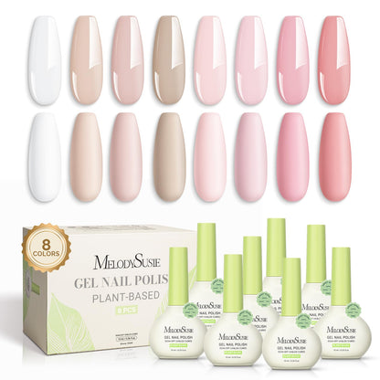MelodySusie Plant Based Gel Nail Polish Set – Pink & Nude, 8-Piece 10ml, HEMA Free, Soak Off UV/LED, At-Home Manicure
