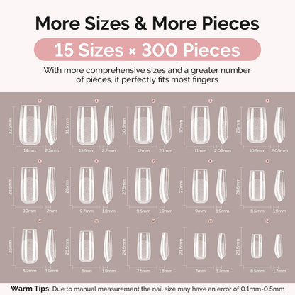 MelodySusie Square Gel Nail Tips Kit – 300Pcs Pre-Built Apex, 15 Sizes, Clear Half-Matte
