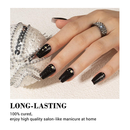 MelodySusie 30Pcs Semi-Cured Gel Nail Strips – Dark Glitter Stars | Easy, Long-Lasting Salon-Quality