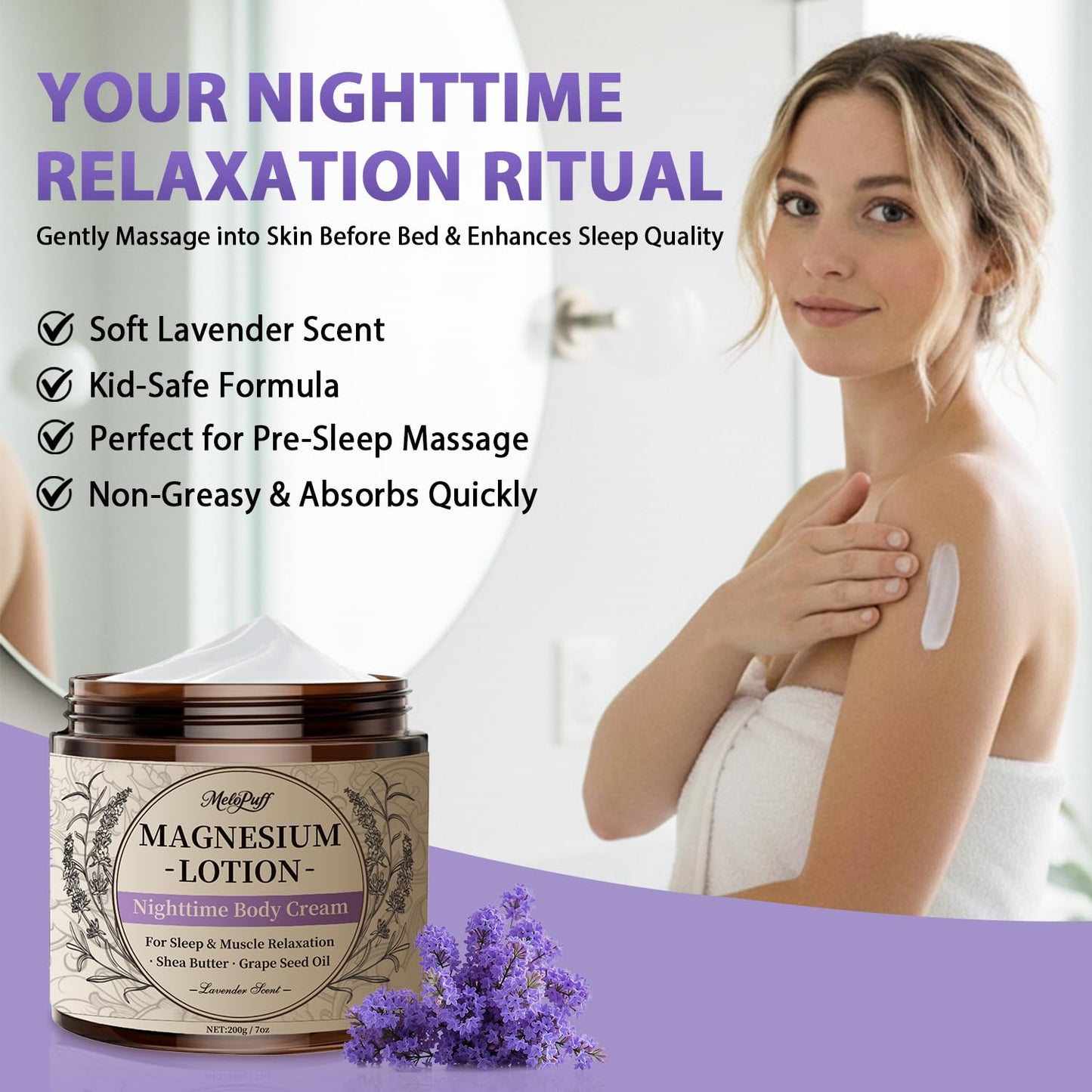 Melopuff Magnesium Lotion for Sleep & Muscle Relaxation – Non-Greasy Nighttime Body Cream, Lavender, 7oz