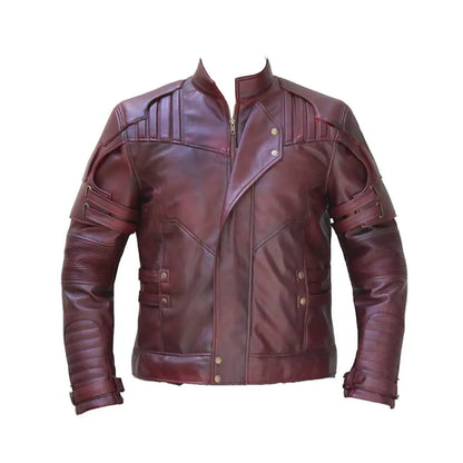 Men’s Burgundy Lapel Striped Military Leather Jacket