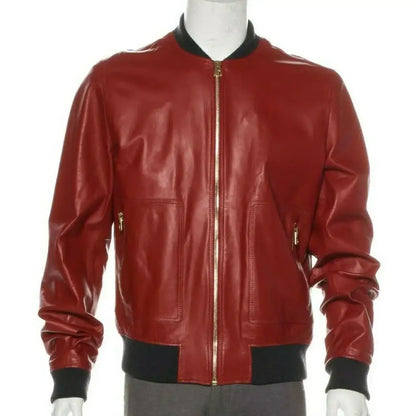 Men’s Red Leather Bomber Jacket