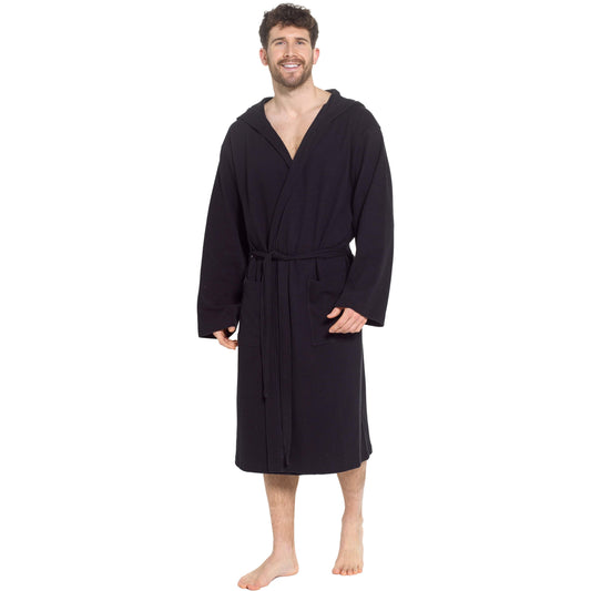 Men’s Hooded Waffle Cotton Bathrobe Black Super Absorbent Spa Robe Luxury Dressing Gown for Home & Loungewear by Sock Stack