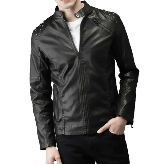 Men’s Studded Biker Tab Collar Leather Jacket