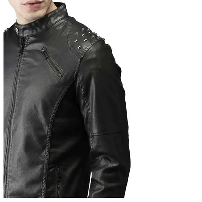 Men’s Studded Biker Tab Collar Leather Jacket