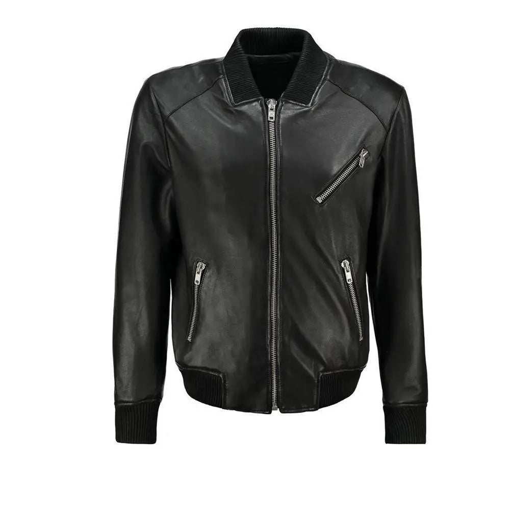 Men’s Black Leather Bomber Jacket