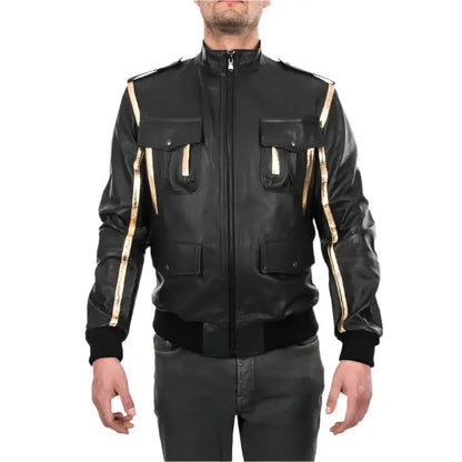 Men’s Black & Gold Leather Bomber Jacket