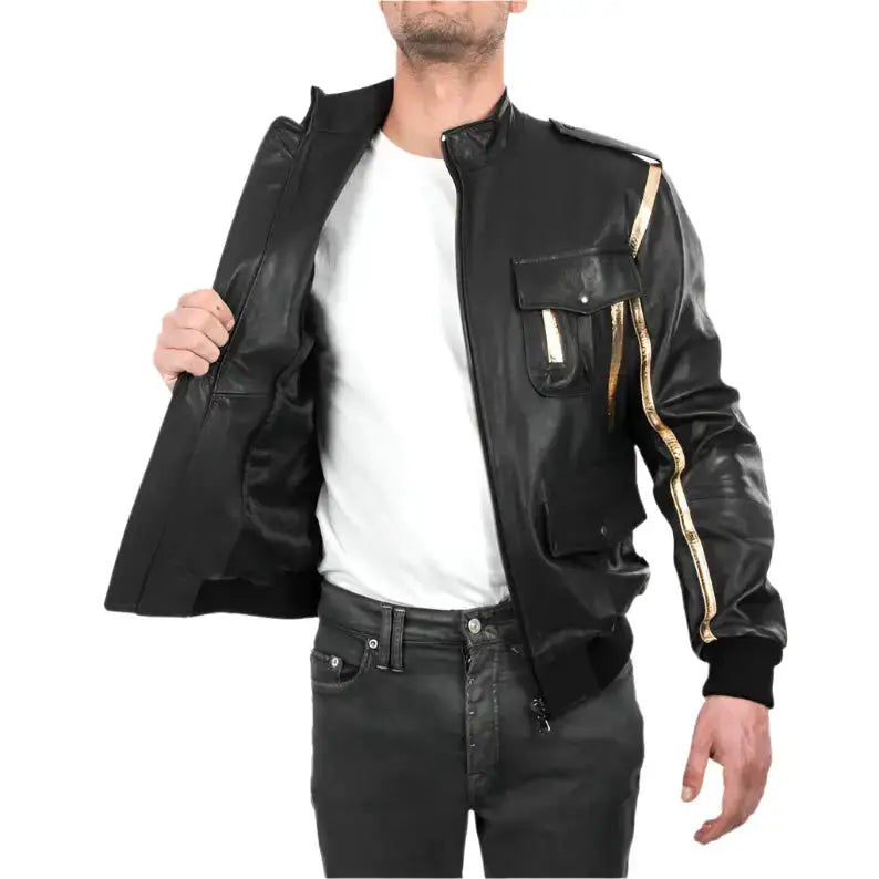 Men’s Black & Gold Leather Bomber Jacket
