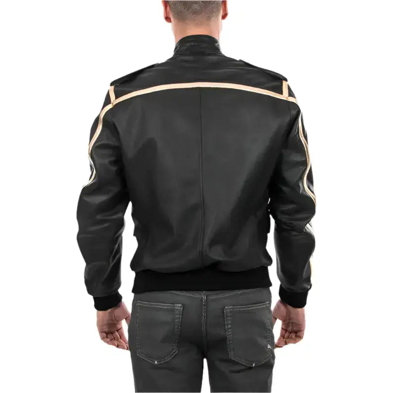 Men’s Black & Gold Leather Bomber Jacket