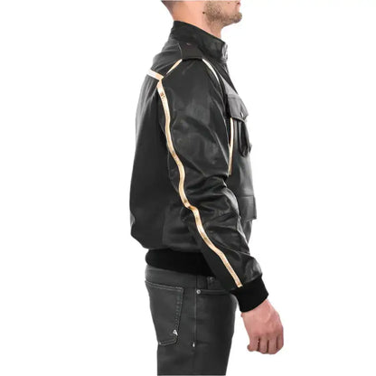 Men’s Black & Gold Leather Bomber Jacket