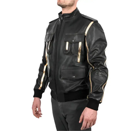 Men’s Black & Gold Leather Bomber Jacket