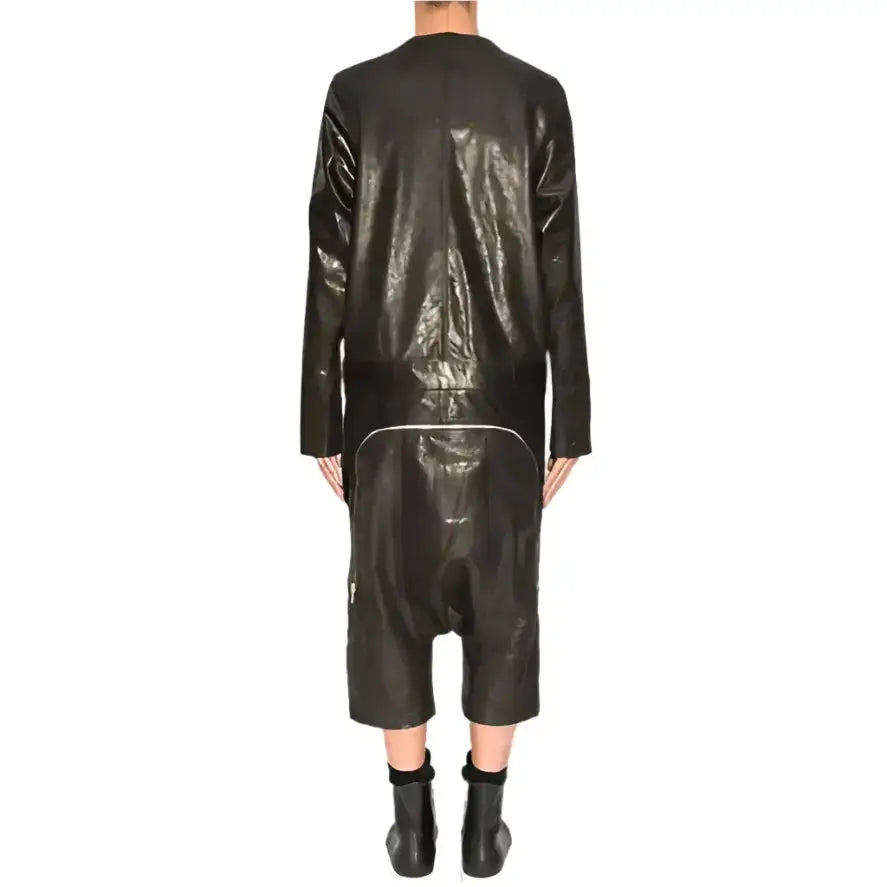 Men’s Black V-Neck Leather Jumpsuit