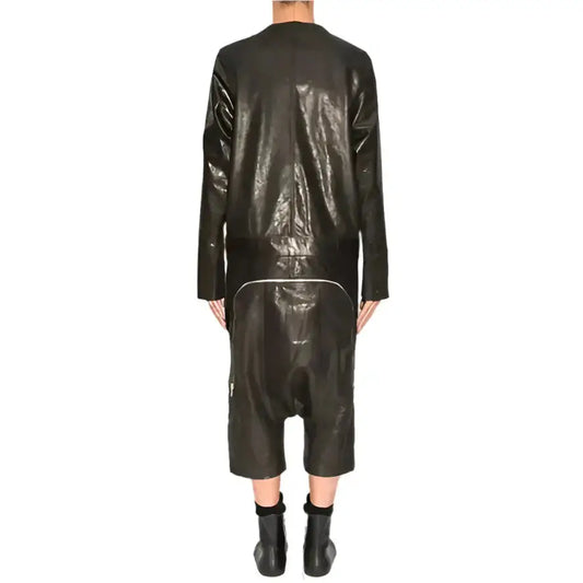 Men’s Black V-Neck Leather Jumpsuit