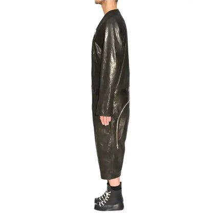 Men’s Black V-Neck Leather Jumpsuit