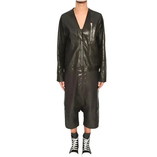 Men’s Black V-Neck Leather Jumpsuit