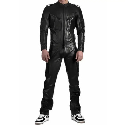 Men’s Black Leather Jumpsuit with Adjustable Straps