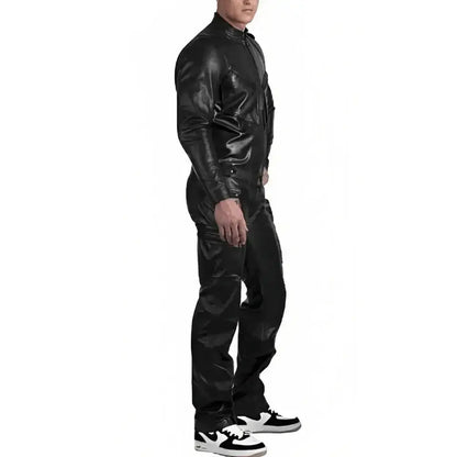 Men’s Black Leather Jumpsuit with Adjustable Straps
