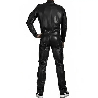 Men’s Black Leather Jumpsuit with Adjustable Straps