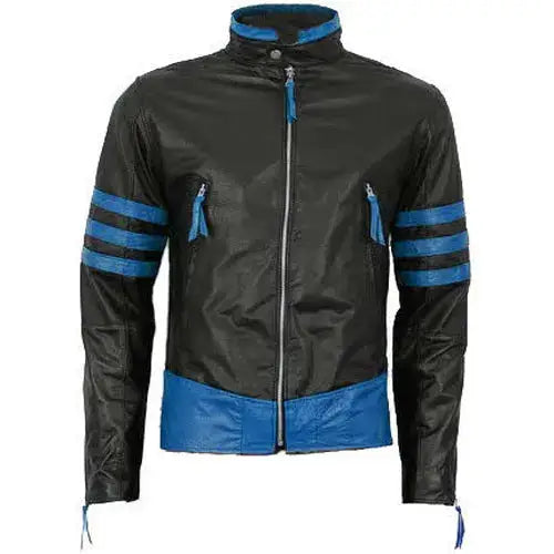 Men’s Black Leather Motorcycle Racing Jacket with Blue Stripes