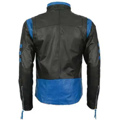 Men’s Black Leather Motorcycle Racing Jacket with Blue Stripes