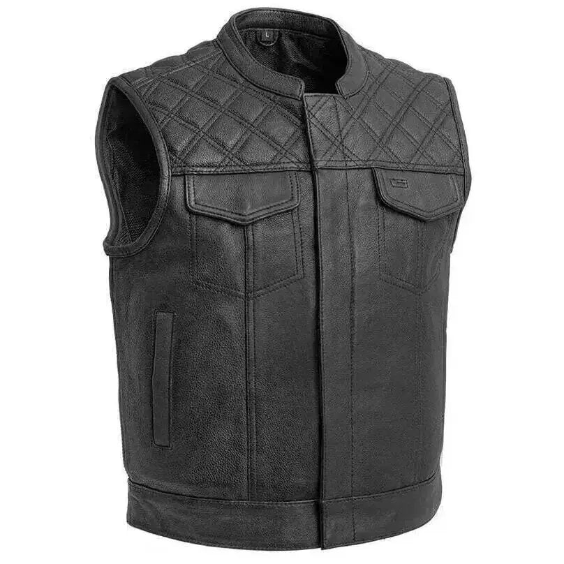 Men’s Black Leather Motorcycle Vest with Diamond Stitch