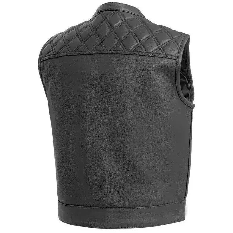 Men’s Black Leather Motorcycle Vest with Diamond Stitch