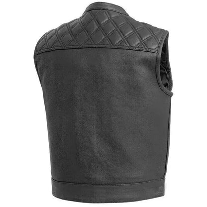 Men’s Black Leather Motorcycle Vest with Diamond Stitch