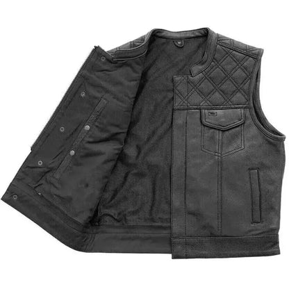 Men’s Black Leather Motorcycle Vest with Diamond Stitch