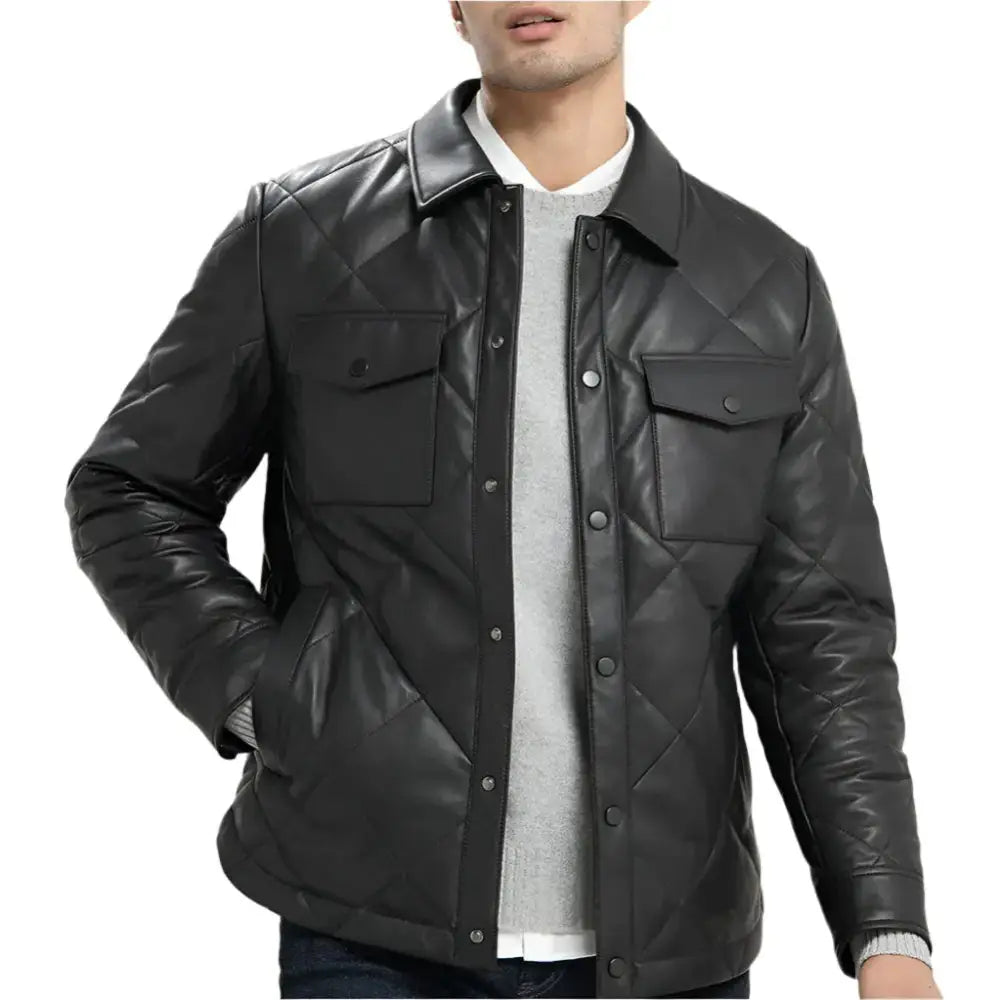 Men’s Black Quilted Leather Jacket – Slim Fit Biker Style