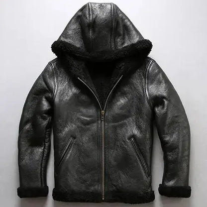 Mens Black Shearling Sheepskin Fur Hooded Coat