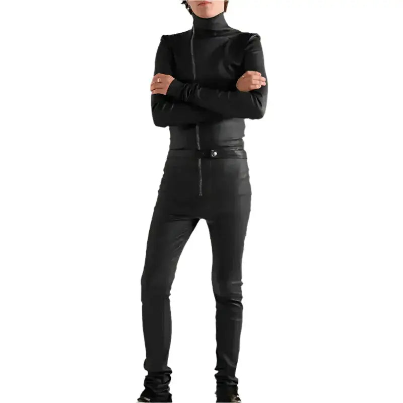 Men’s Black Slim Fit Leather Jumpsuit