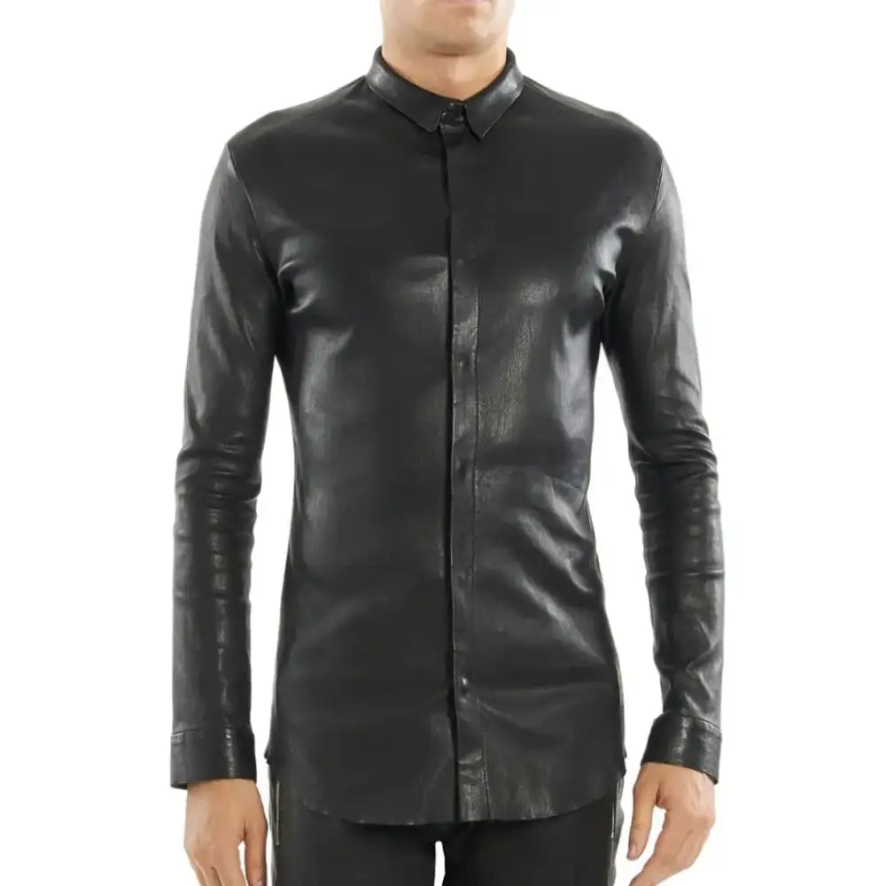 Men’s Black Tight Fit Leather Shirt