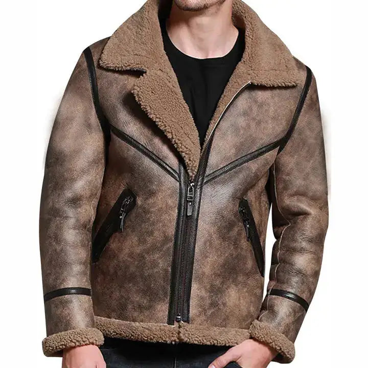 Men’s Brown B3 Pilot Aviator Sheepskin Shearling Bomber Jacket