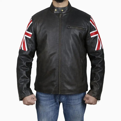 Mens Brown Leather Jacket with UK Flag Appliqué