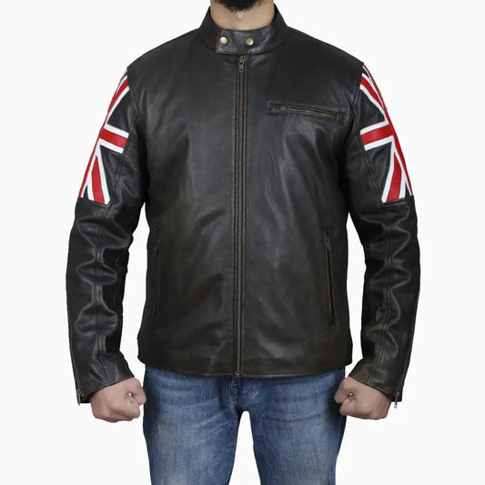 Men’s Brown Leather Jacket with Uk Flag Appliqué