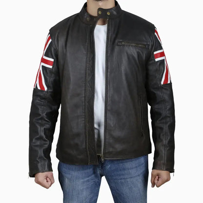 Mens Brown Leather Jacket with UK Flag Appliqué
