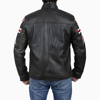 Mens Brown Leather Jacket with UK Flag Appliqué