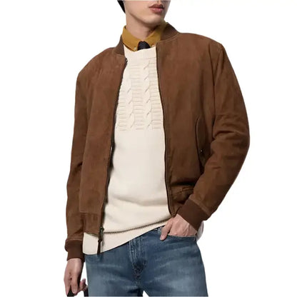 Men’s Brown Suede Leather Bomber Jacket
