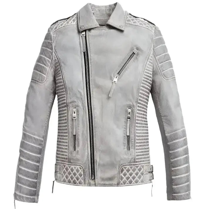 Men’s Chrome White Waxed Leather Biker Jacket