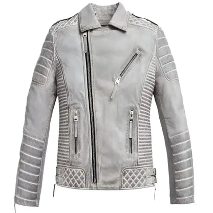 Men’s Chrome White Waxed Leather Biker Jacket