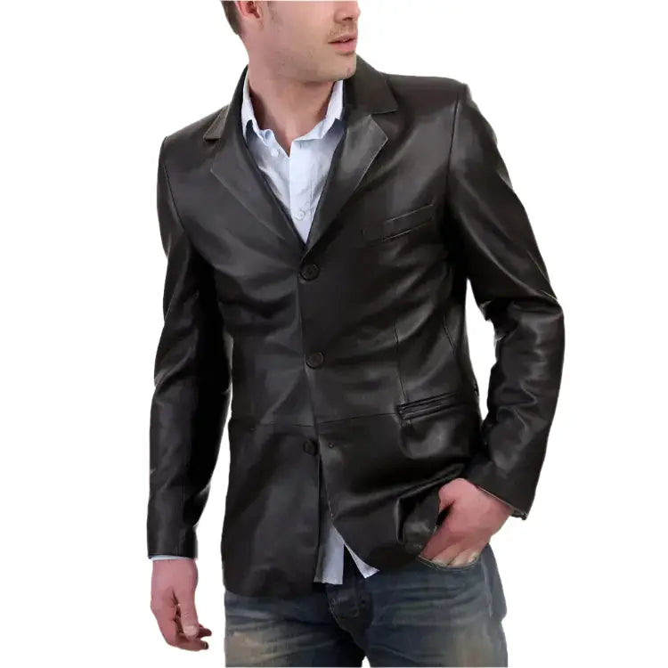 Men’s Classic Black Leather Blazer Jacket