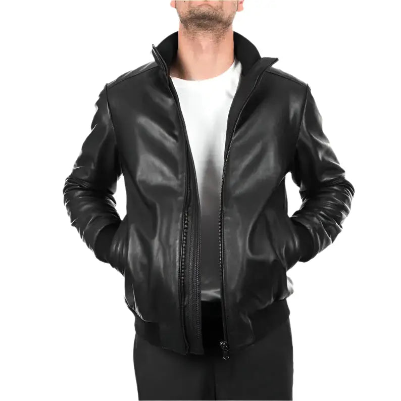 Men’s Black Leather Bomber Jacket