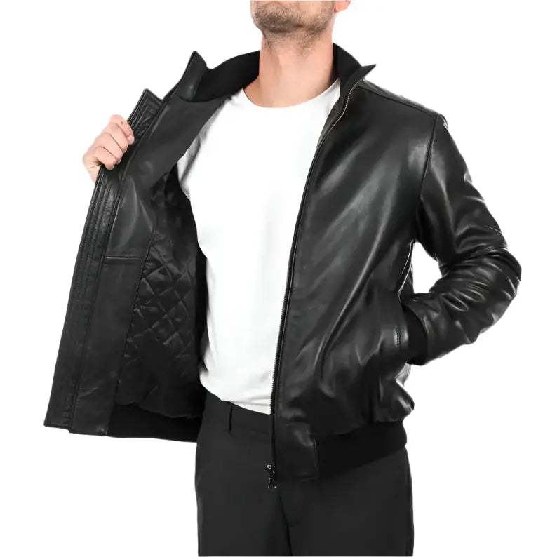 Men’s Black Leather Bomber Jacket