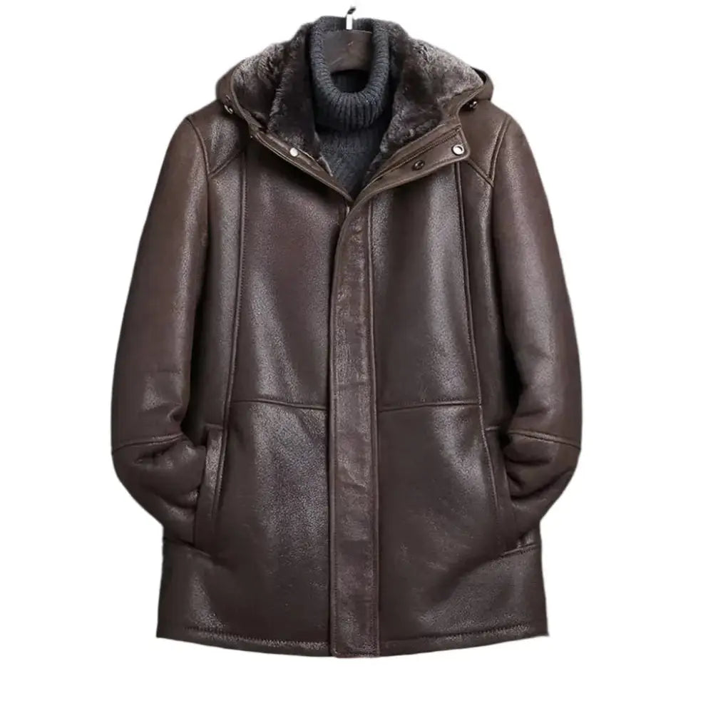 Men’s Dark Brown Hooded Shearling Coat – Winter Wear