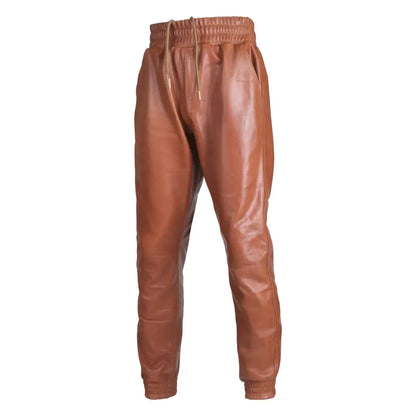 Men’s Dark Brown Rib-Knit Leather Pants