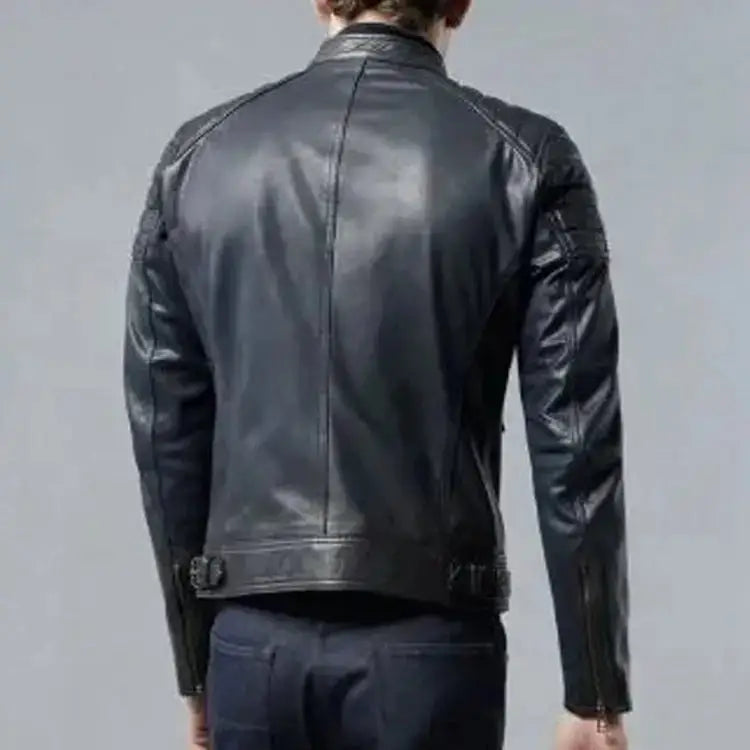Men's Navy Blue Sheepskin Leather Biker Jacket