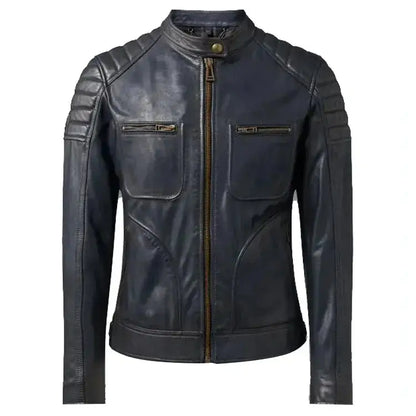 Men's Navy Blue Sheepskin Leather Biker Jacket