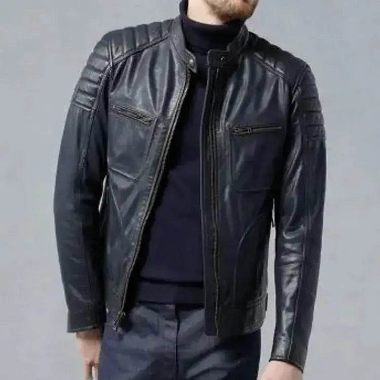 Men's Navy Blue Sheepskin Leather Biker Jacket