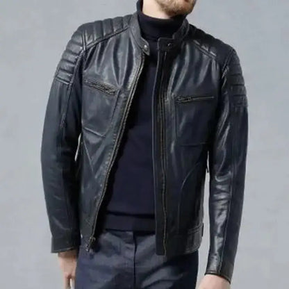 Men's Navy Blue Sheepskin Leather Biker Jacket